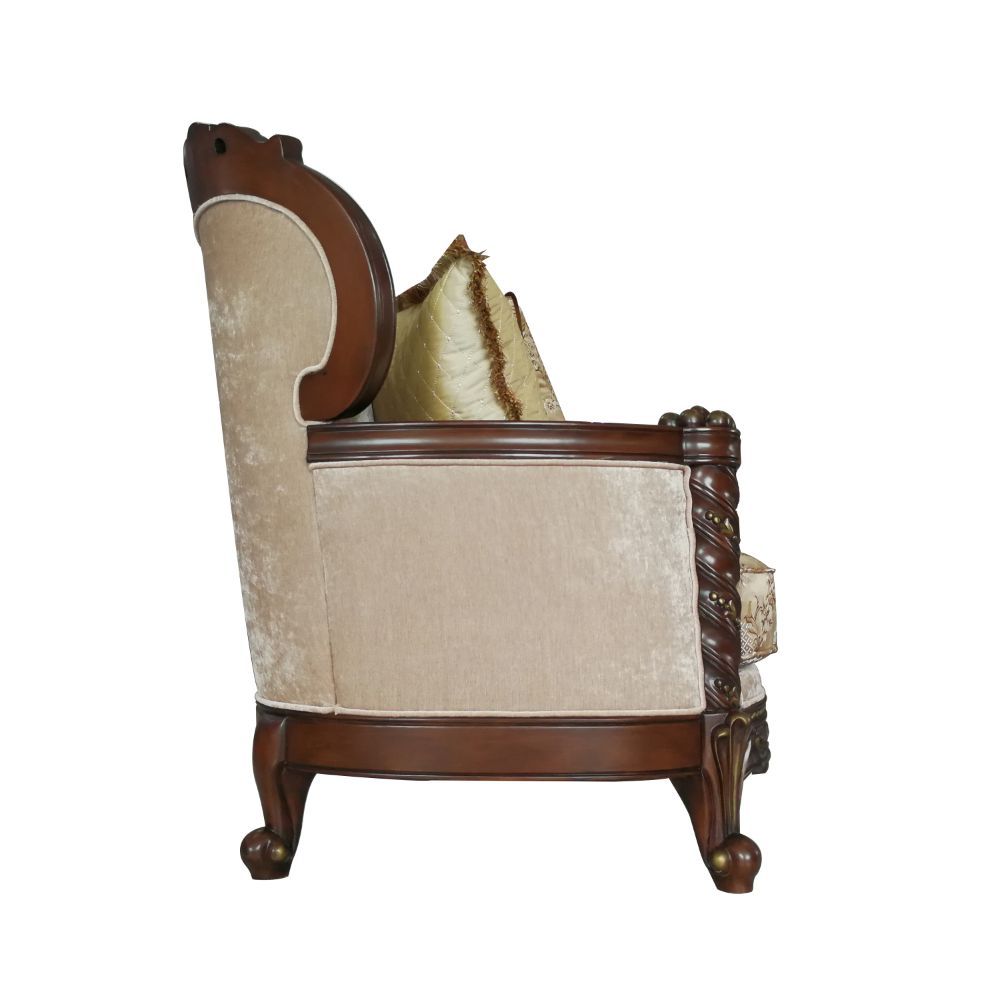 The designed ideal of Devayne collection come from traditional European palace. The introverted dark walnut finish, light pattern fabric come with the decorated pillow to show the difference life style. The intricately carved solid wood frame outlines the