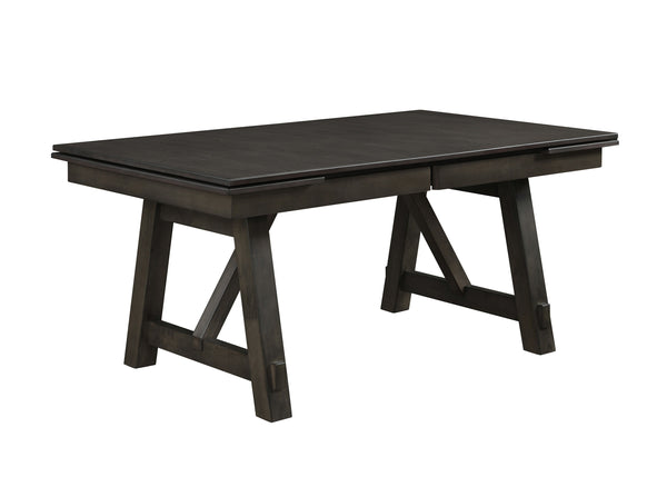  designed for both style and functionality. The sleek rectangular table features dual draw leaves and a striking trestle base