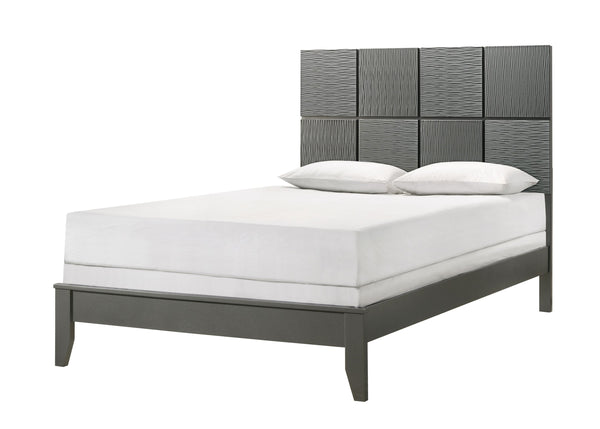 This bedroom collection is the embodiment of sleek, contemporary design, characterized by its rich gunmetal finish and distinctive textured front panels. The centerpiece, a chic bed with a statement headboard, features geometric paneling that adds depth a