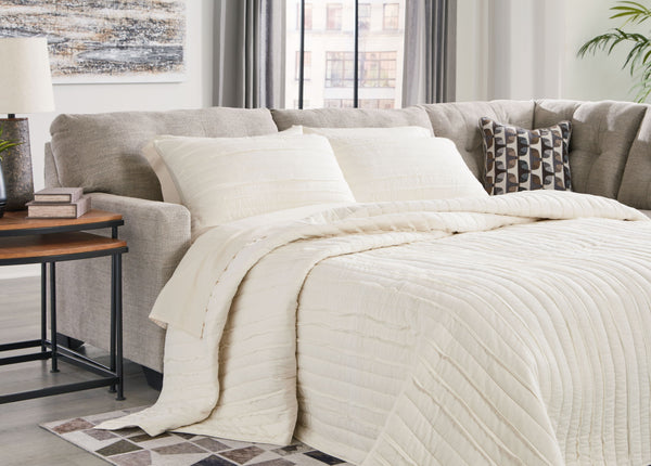 This left-arm facing full sofa sleeper is made with polyester upholstery. Pairs with other items in the series to make a sectional.<br><br><b>Additional Dimensions</b><br><ul><li>Arm height: 25-"</li><li>Seat depth: 22-"</li><li>Seat height: 20-"</li><li>