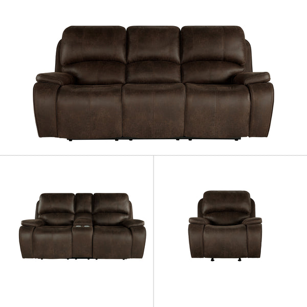 The Brookings 3 Piece Reclining Sofa, Console Loveseat, and Glider Recliner set in rustic brown combines style, comfort, and practicality for your living room. This set includes a sofa, a console loveseat, and a glider recliner, all upholstered in soft ha