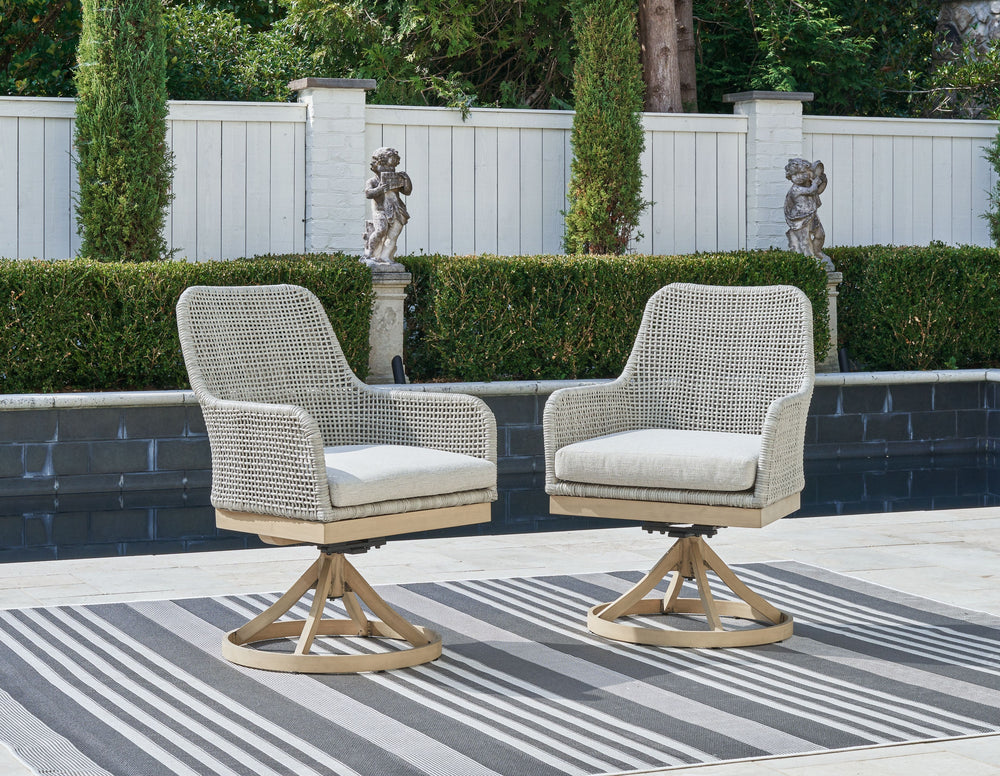 This swivel dining chair invites your casual contemporary style outdoors. With its resin wicker in a chic neutral hue, it expertly marries refined design with durability. The chair-'s 360-degree swivel makes it easy to switch from watching the kids at the