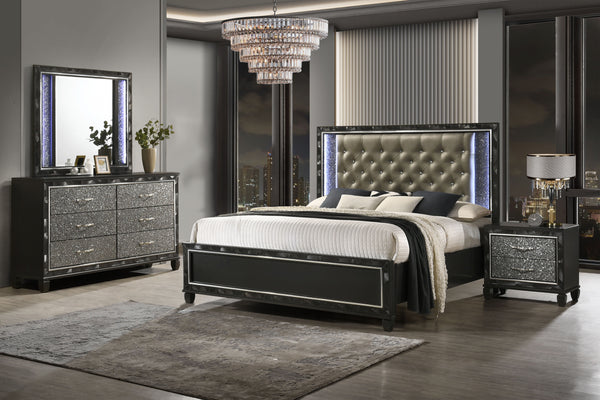 Discover the Radiance King 4 Piece Bedroom Set, comprising a Bed, Dresser, Mirror & Nightstand, meticulously crafted for enduring stability and durability from a combination of Solid Rubberwood and manufactured woods. Its semi-gloss lacquer black pearl fi