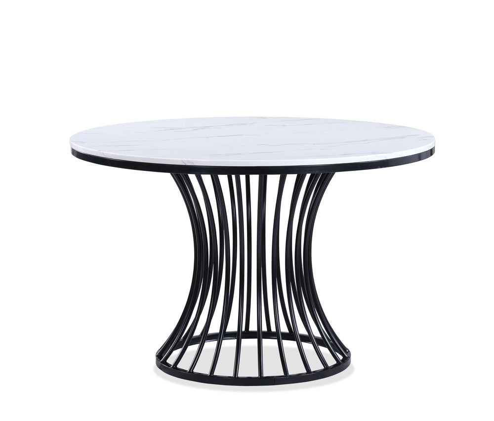 This dining set is a sophisticated blend of contemporary design and artistic flair, ideal for modern homes seeking a touch of elegance. The set features a sleek, round table with a faux marble top that is both beautiful and easy to care for. The table-'s 