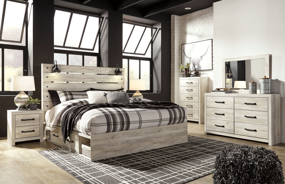 Wispy white finish over replicated Oak grain with authentic touch. Large scaled dark colored handles. Cases feature a framed front and pilasters. All panel headboards (53,57,58,87) feature decorative matte black sconce lights. Side roller glides for smoot