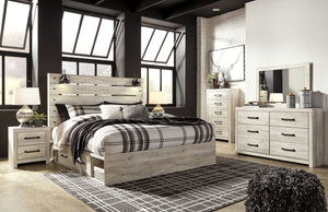 Cambeck - 9 Piezas - Cómoda, Espejo, Cama King con panel y 4 cajones de almacenamiento, 2 Mesitas de Noche - Blanco Lavado