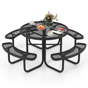 Thermoplastic coated metal mesh is rustproof and waterproof for lasting use<br>4 benches and large table offer roomy space for 4-8 people<br>Equipped with 1.65" umbrella hole and cross holder for fixation<br>Intensive grid facilitates drainage and ensures