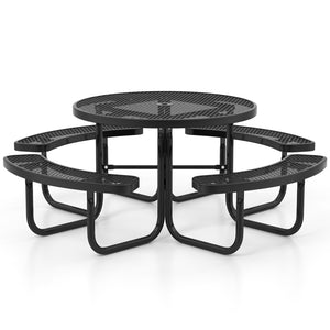 Thermoplastic coated metal mesh is rustproof and waterproof for lasting use<br>4 benches and large table offer roomy space for 4-8 people<br>Equipped with 1.65" umbrella hole and cross holder for fixation<br>Intensive grid facilitates drainage and ensures