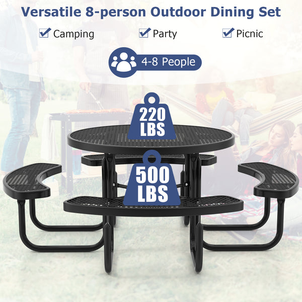 Thermoplastic coated metal mesh is rustproof and waterproof for lasting use<br>4 benches and large table offer roomy space for 4-8 people<br>Equipped with 1.65" umbrella hole and cross holder for fixation<br>Intensive grid facilitates drainage and ensures