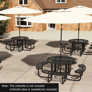 Thermoplastic coated metal mesh is rustproof and waterproof for lasting use<br>4 benches and large table offer roomy space for 4-8 people<br>Equipped with 1.65" umbrella hole and cross holder for fixation<br>Intensive grid facilitates drainage and ensures