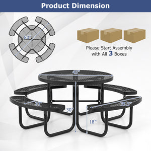 Thermoplastic coated metal mesh is rustproof and waterproof for lasting use<br>4 benches and large table offer roomy space for 4-8 people<br>Equipped with 1.65" umbrella hole and cross holder for fixation<br>Intensive grid facilitates drainage and ensures