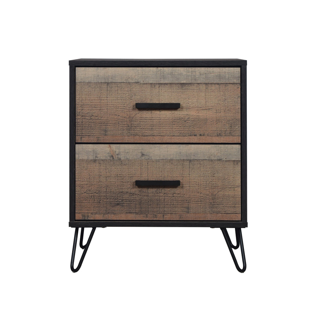 The Elk River Two Drawer Nightstand offers a seamless blend of functionality and rugged charm, making it an essential addition to any bedroom. This nightstand is meticulously crafted from eco-friendly manufactured woods and finished with a decorative lami