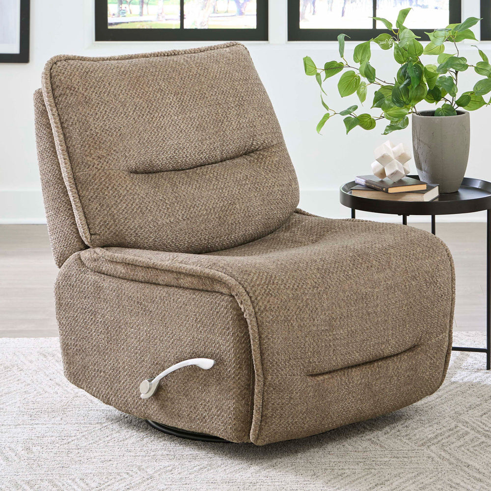The Leo manual swivel glider recliner is a stylish, durable chair crafted with high-performance materials. Featuring padded backs and sides and a manual recline pull, this chair offers a modern look and a perfect blend of relaxation and versatility with i