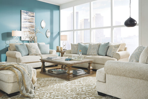  turn to this designer chair and ottoman. Wind down at the end of a long day when you sink into this canyon of comfort. <h4><b>Monaghan - Sandstone - Chair and a Half</b></h4> <table width=-"100%-"><colgroup><col style=-"wid