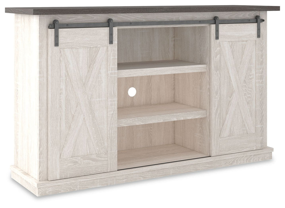 With its two-tone finish, crossbuck details and authentic charm, this TV stand is right in tune with your relaxed approach to high style. Beautifully made to accommodate your media equipment, itâ€™s well equipped with adjustable shelving, cutouts for wire