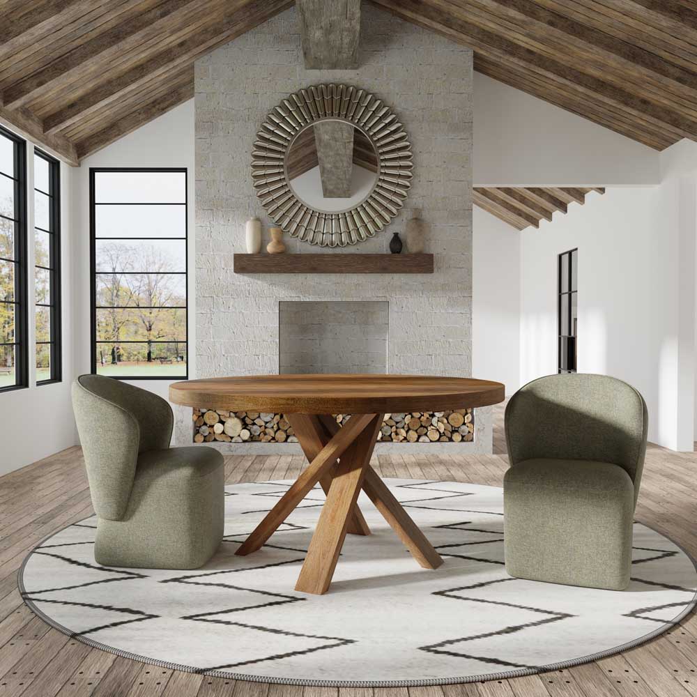 Bring a touch of global-inspired elegance to your dining room with the 60 Inch Round Dining Table. This handcrafted table is made from solid mango, giving it a unique aesthetic with natural variations of color, wood grain, and knots. The round table is pa