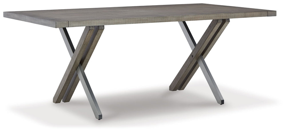 The use of mixed materials on this urban-inspired dining table makes it a true statement piece. Featuring a wood tabletop combined with a sturdy wood and metal base, this rectangular table combines a complex blend of stains and glazeâ€”creating a weathere