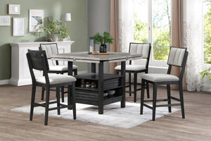 This counter-height dining group embodies a chic, contemporary style with its sleek design and elegant finishes. The ensemble features a robust, round table with a striking wood veneer top that showcases the natural grain, adding a warm, organic touch to 