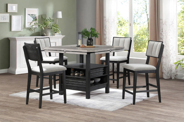 This counter-height dining group embodies a chic, contemporary style with its sleek design and elegant finishes. The ensemble features a robust, round table with a striking wood veneer top that showcases the natural grain, adding a warm, organic touch to 