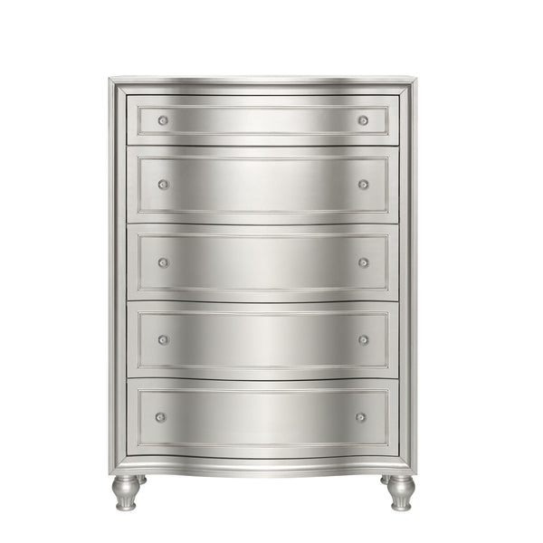  meticulously crafted from solid Pine and high-quality manufactured wood to ensure enduring strength and durability. Its glamorous matte silver finish exudes sophistication