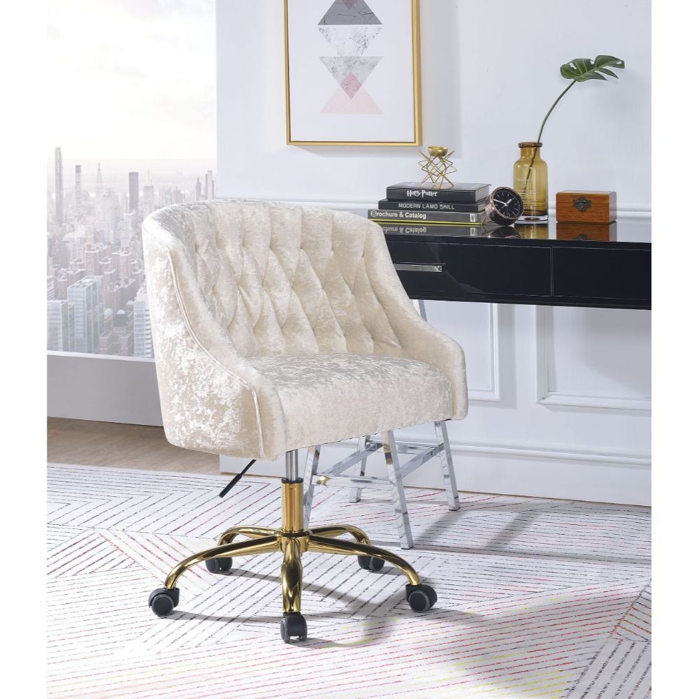 Stylize your office with the functional and beautiful Alessio office chair. Wrapped vintage cream velvet, this chair is designed to maximize comfort and coziness. With the swivel and adjustable height, the transitional style will make this a perfect piece