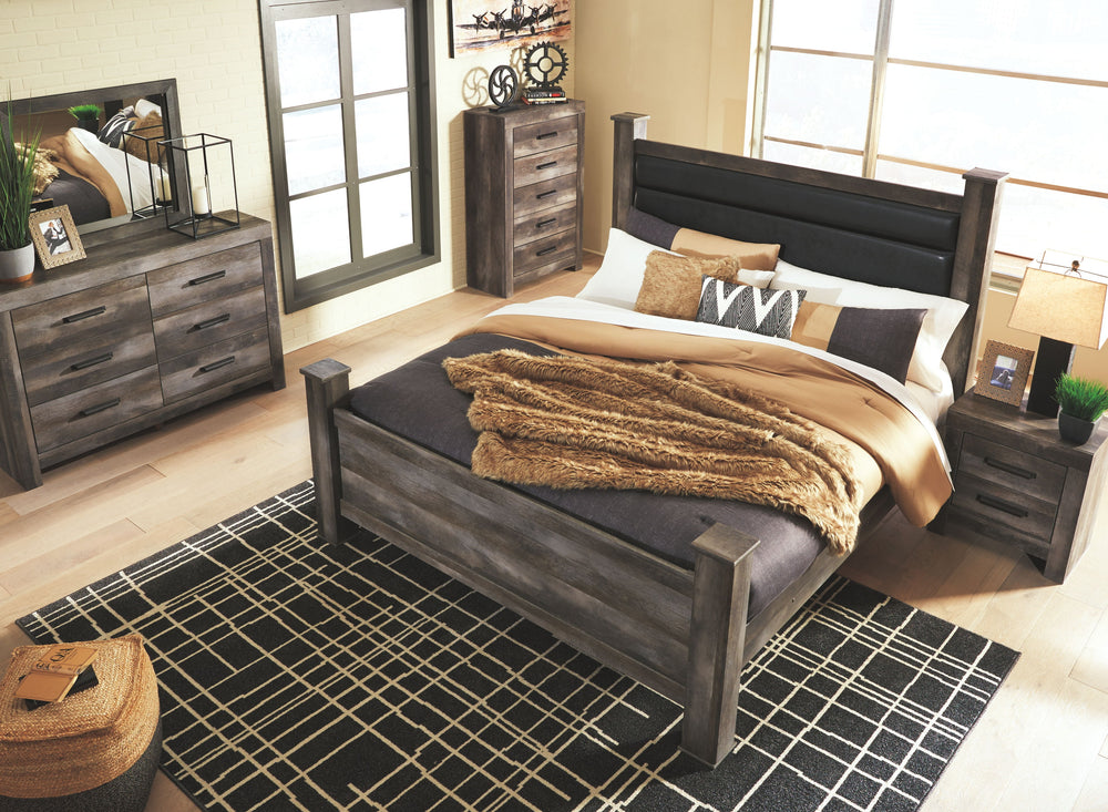 This king upholstered poster bed is sure to win your heart with its daring designer take on modern rustic. The bedâ€™s crisp, clean and minimalist-chic profile is enriched with a striking replicated oak grain with thick plank styling and a weathered gray 