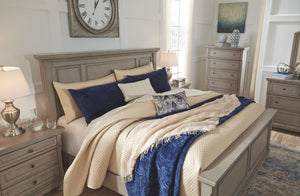  this king panel bed sports serene sophistication. Forever classic design detailsâ€”inlaid panels and bun feetâ€”are so easy to love. Burnished light gray finish elevates the look with modern sensibility