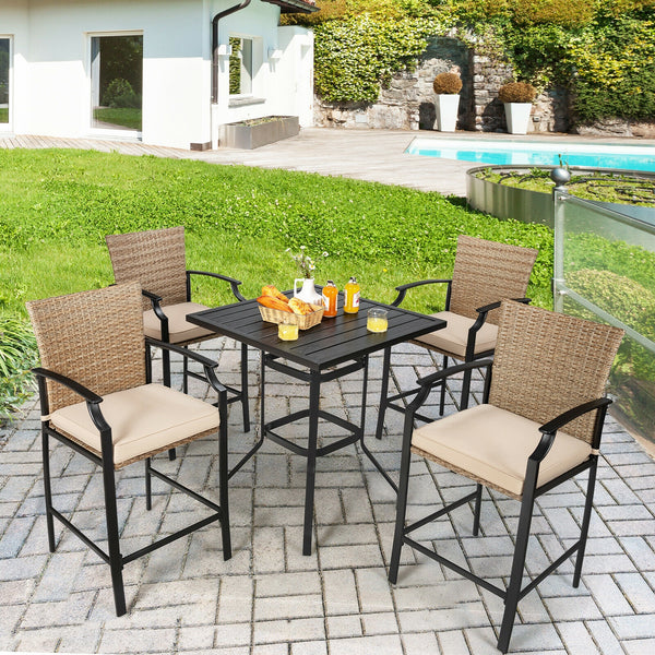 4 bar chairs and 1 bar table satisfy your multiple outdoor demands <br>Suitable for poolside  backyard  garden  etc. <br>Heavy-duty steel frame ensures high stability <br>Strong weight capacity: each chair 330 lbs and table 180 lbs <br>32" x 32" spacious 