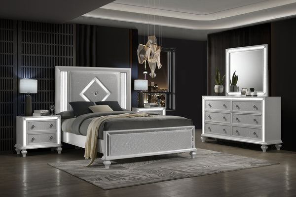 Introducing the Stardust Piece Bedroom Suite, including a Bed, Dresser, Mirror and 2 Nightstands in a glossy white finish. Crafted with durability and style in mind, each piece is meticulously constructed from manufactured wood with an eco-friendly decora
