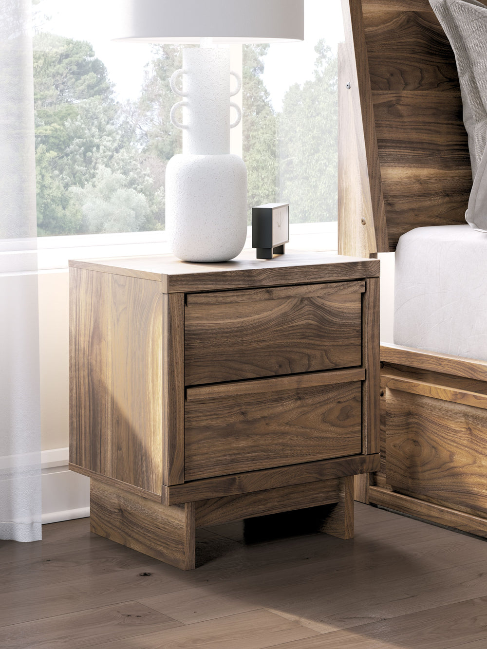 Nostalgic style, retooled for todayâ€™s trends. This nightstand puts an elevated twist on mod aesthetics. Its warm brown tones reflect the mid-century vibes you love, while the angular base incorporates contemporary motifs. Whether you-'re scrolling befor