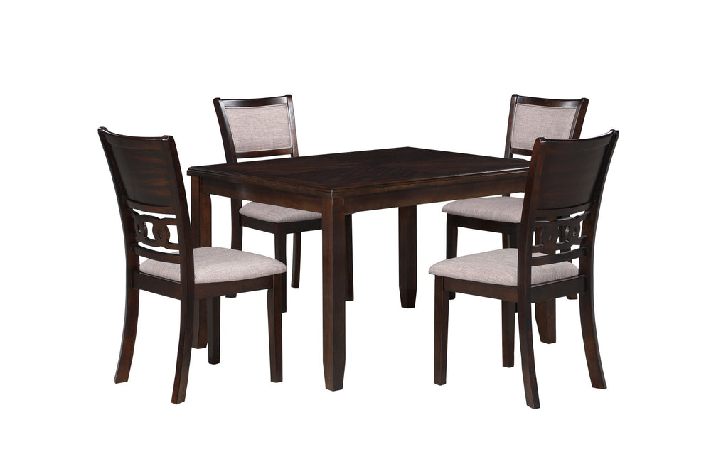 Upgrade your dining area with the New Classic Furniture Gia 5-Piece Wood Rectangle Dining Set, a perfect combination of durability and timeless beauty. Crafted from solid Rubberwood and Mindi veneers, this set is built to last. The traditional brown cherr