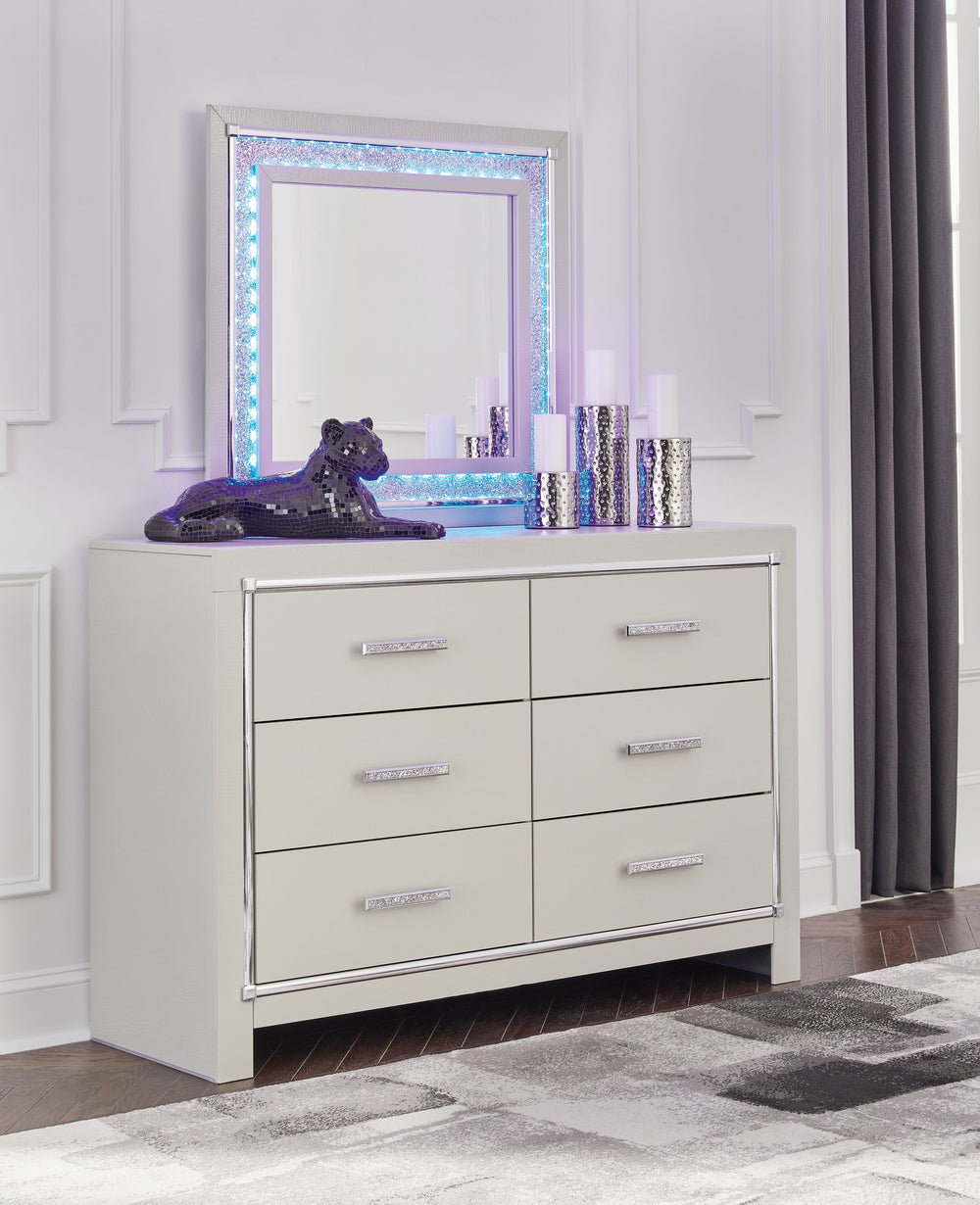 Zyniden - Silver - 6 Pc. - Dresser, Mirror, King Upholstered Panel Bed, 2 Nightstands