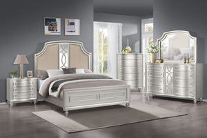 Experience timeless sophistication with the Reflection 5 Piece Bedroom Set in Silver, comprising a stunning bed, dresser, mirror, chest, and nightstand. Crafted from solid Pine and manufactured wood, this collection ensures lasting durability and strength