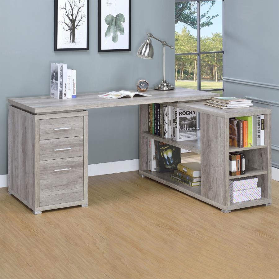 This alluring L-shaped office desk offers the stylish workspace needed to hit any deadline. It features open shelves and three drawers as well as a built-in filing cabinet. It-'s expertly crafted with particle board, MDF, and engineered veneer that-'s pro