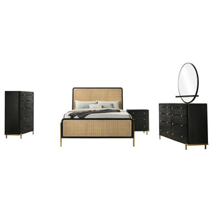  muted gold instantly elevate the look and feel of a five-piece modern bedroom set. It centers on chic bed with a contemporary open profile and woven rattan head and footboards in a natural hue