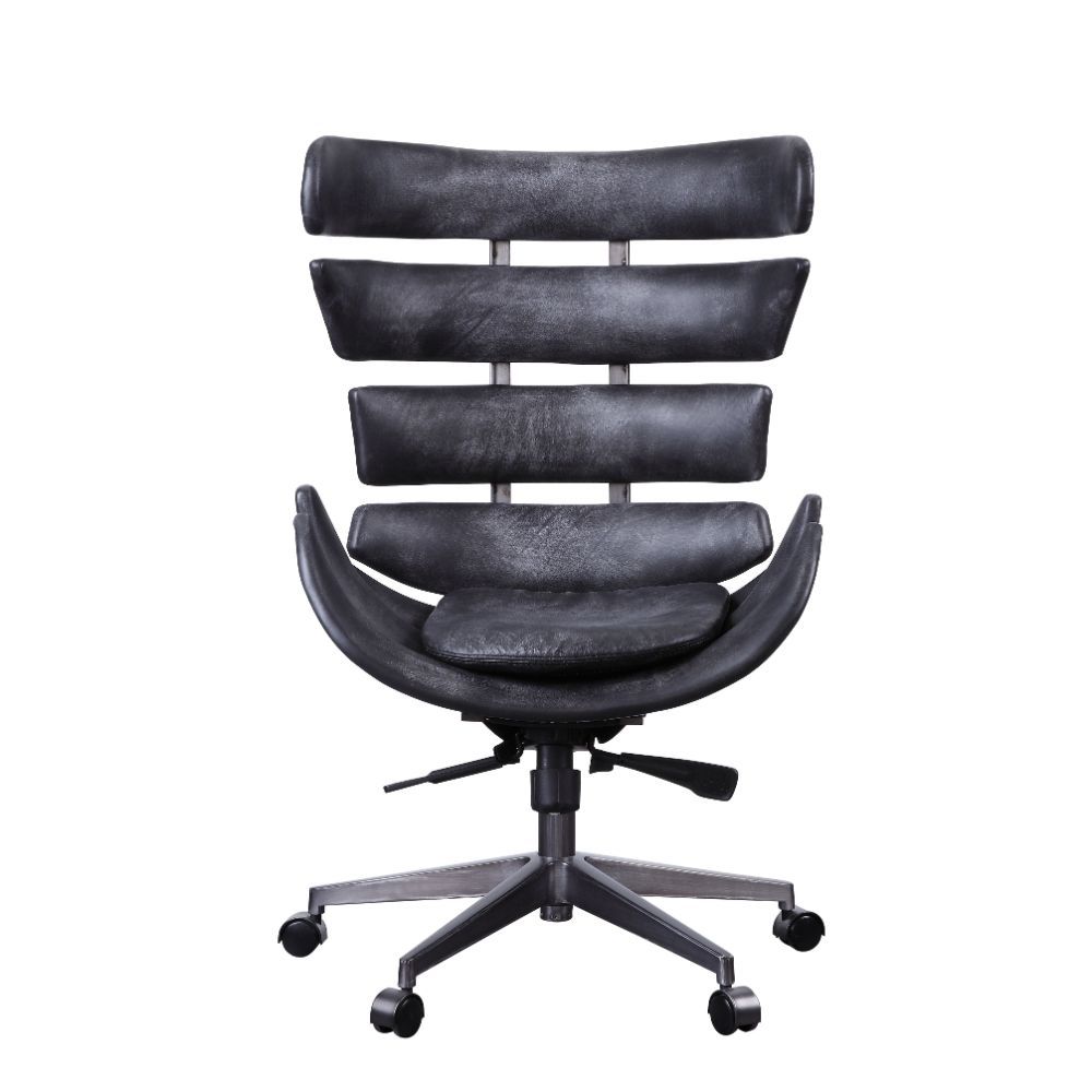 Whether you are working in the office or at home, you deserve a chair that provides comfort and support while maintaining the look you want. Vintage black top grain leather with horizontal panel frame, this Megan executive office chair provides a professi
