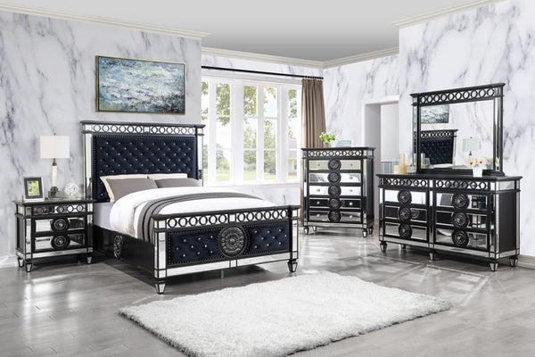 Varian II - Eastern King Bed - Black Velvet & Black & Sliver Finish