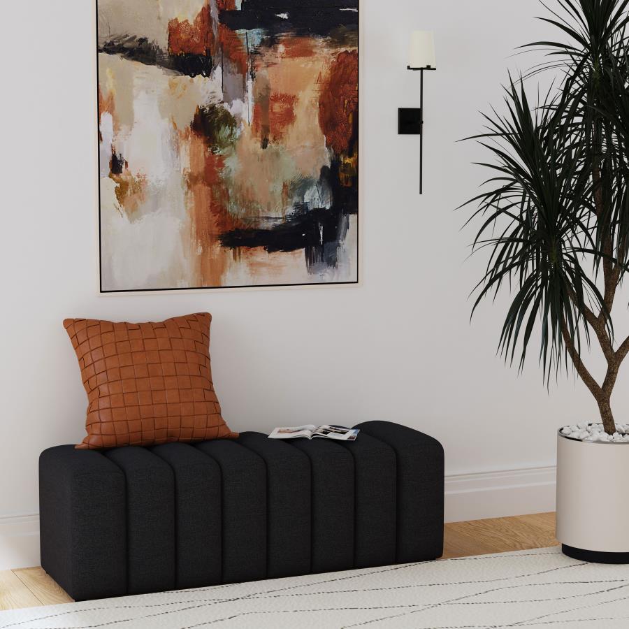 Introduce glam texture and dimension with a decorative upholstered bench. This modern creation features an undulating silhouette without arms or a back, offering sleek style and seating. Perfect for a sophisticated foyer or living room, it adds a pop of c