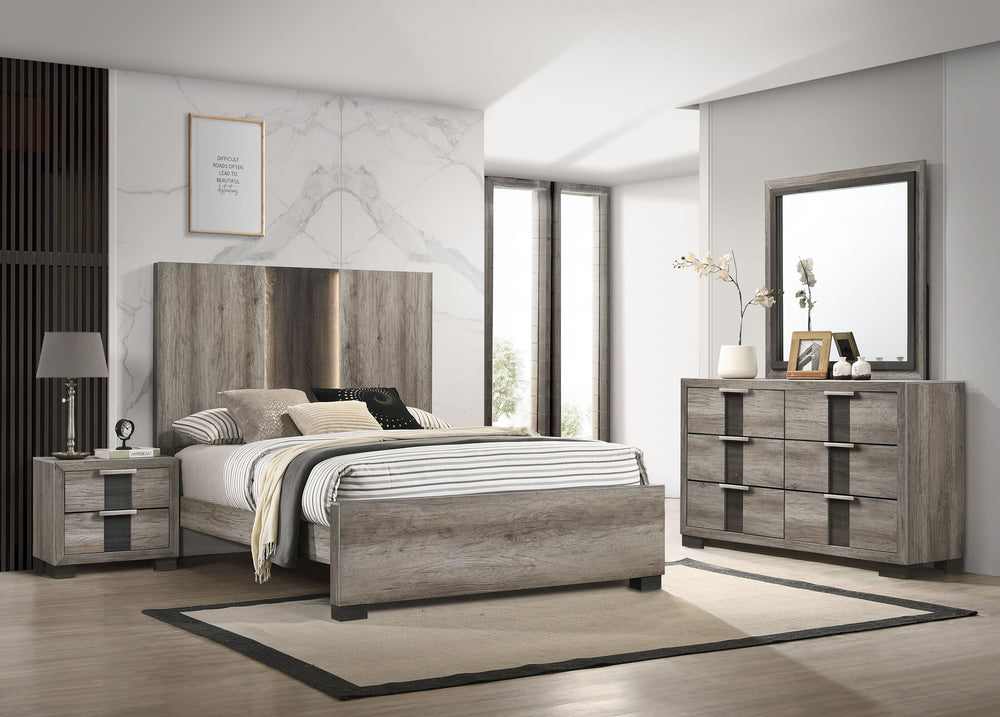 This bedroom set encapsulates modern minimalism, rendered in a soothing, natural wood finish that brings an organic, airy feel to any bedroom. The clean-lined bed boasts a broad headboard that stands as a subtle statement piece with integrated lighting. A