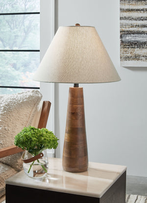  contemporary style can be sleek and shinyâ€”or subtle and earthy. We love how this table lamp falls into the latter category. Pairing a stylish shade with a wood base bathed in a honey brown finish