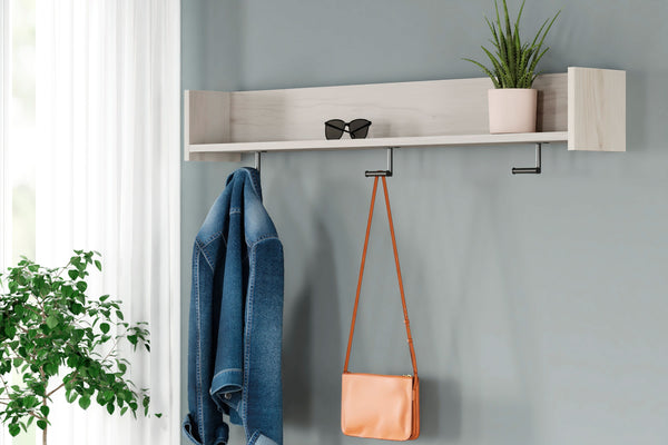  minimalist look of this wall-mounted coat rack is fashionably contemporary and easy to integrate in a variety of living spaces. Three sturdy hooks and a spacious shelf are your new go-to spot for hats and scarves or displays. Whether by the fro