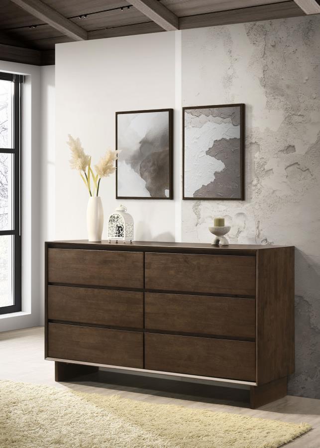 From a wide top to roomy drawers for easy storage, this modern six-drawer dresser is the perfect accompaniment in your bedroom. A warm brown wood grain finish is handsome and restrained, perfect for an understated, elegant ensemble. The dresser features t