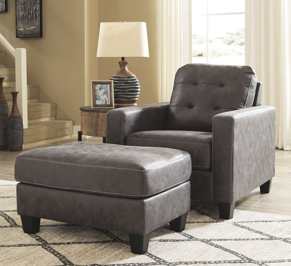 For a fresh spot in your space, turn to this designer chair and ottoman. Wind down at the end of a long day when you sink into this canyon of comfort. <h4><b>Venaldi - Gunmetal - Chair</b></h4> <table width=-"100%-"><colgroup><col style=-"width: 30%