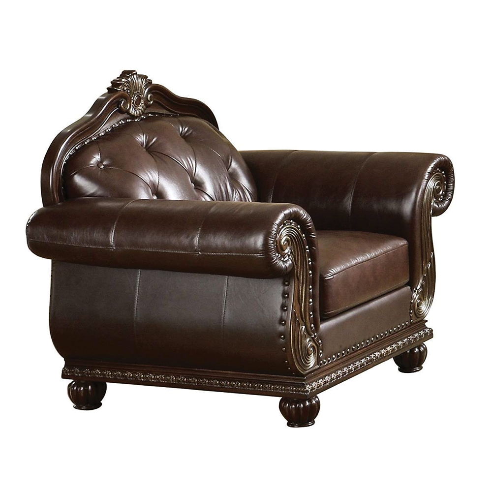 The Anondale collection reflects completely classic and elegant style, expertly crafted with rich espresso top grain leather match upholstery. Includes classic features button tufted back, generous rolled armrests, decorative molding trim and oversized se