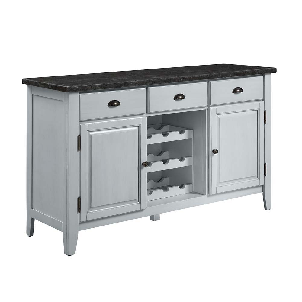 Assembled Rectangular Server Marble Top Top Thickness: 30mm(25mm Plywood+5 mm Marble) Drawer: Wooden Center Drawer Glide, 2/3 Extension, Safety Stop Included, Felt Lined All Drawer Wine Rack Included(9 Bottles)