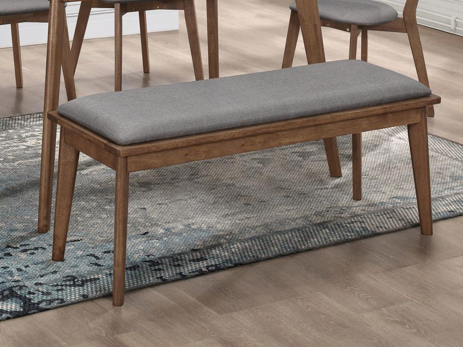 Accommodate overflow seating without the hassle of finding extra chairs. Inspired by a retro design model, this everyday dining bench delivers a fresh new vibe that blends perfectly in modern or more traditional design schemes. Warm walnut finish wood com