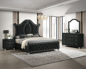 Indulge in timeless elegance and dramatic sophistication with this stunning bedroom collection, designed to make a bold statement. The centerpiece features an exquisitely tufted headboard with luxurious upholstery and intricate nailhead trim, exuding opul