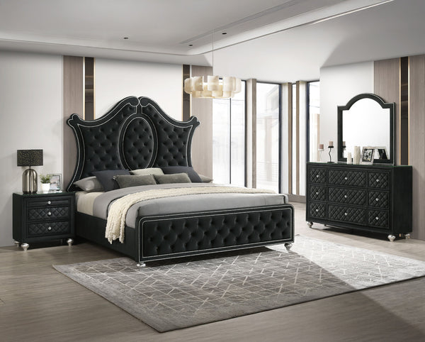 Indulge in timeless elegance and dramatic sophistication with this stunning bedroom collection, designed to make a bold statement. The centerpiece features an exquisitely tufted headboard with luxurious upholstery and intricate nailhead trim, exuding opul