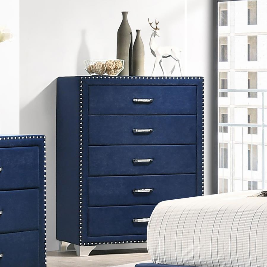 Three cheers for a chest that transforms your sleeping space. A five-drawer chest is readily equipped to store your garments while looking gorgeous. It-'s uniquely upholstered in velvet fabric for an extra luxurious impression. Nail head trim enhances the