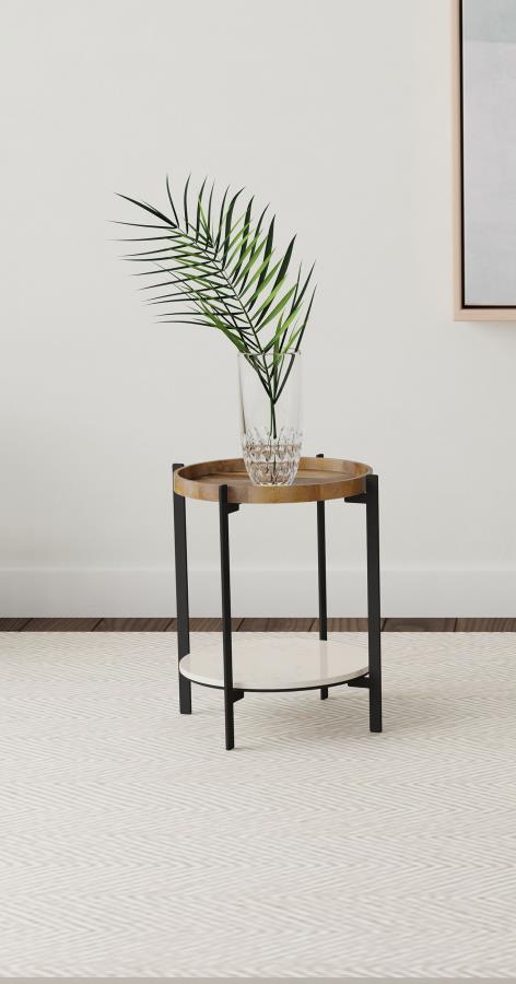 Complete your living space with this chic side table, blending organic materials with sleek modern design. The beautiful round mango wood top showcases unique grain patterns, while a white marble shelf below adds a touch of luxury. Supported by slender bl